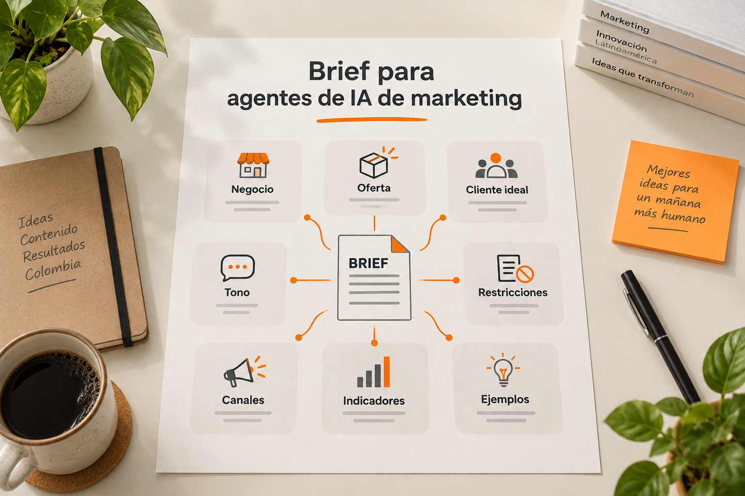 Diagrama de los bloques mínimos de un brief para agentes de IA de marketing