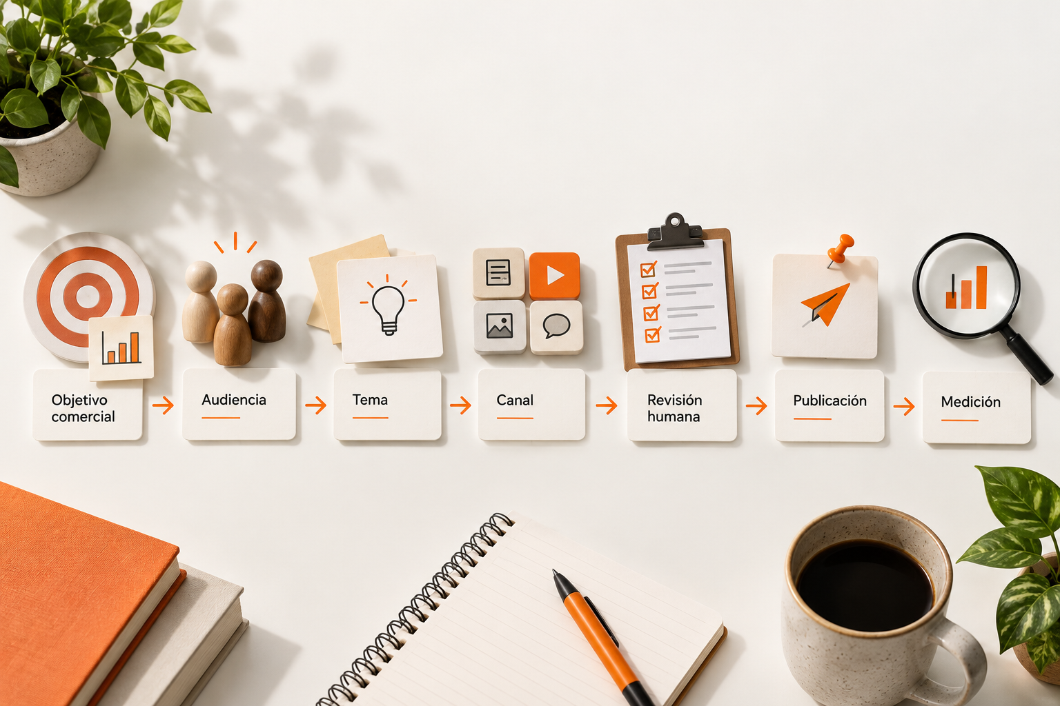 Flujo para crear un calendario editorial con objetivo, canal, revisión y medición