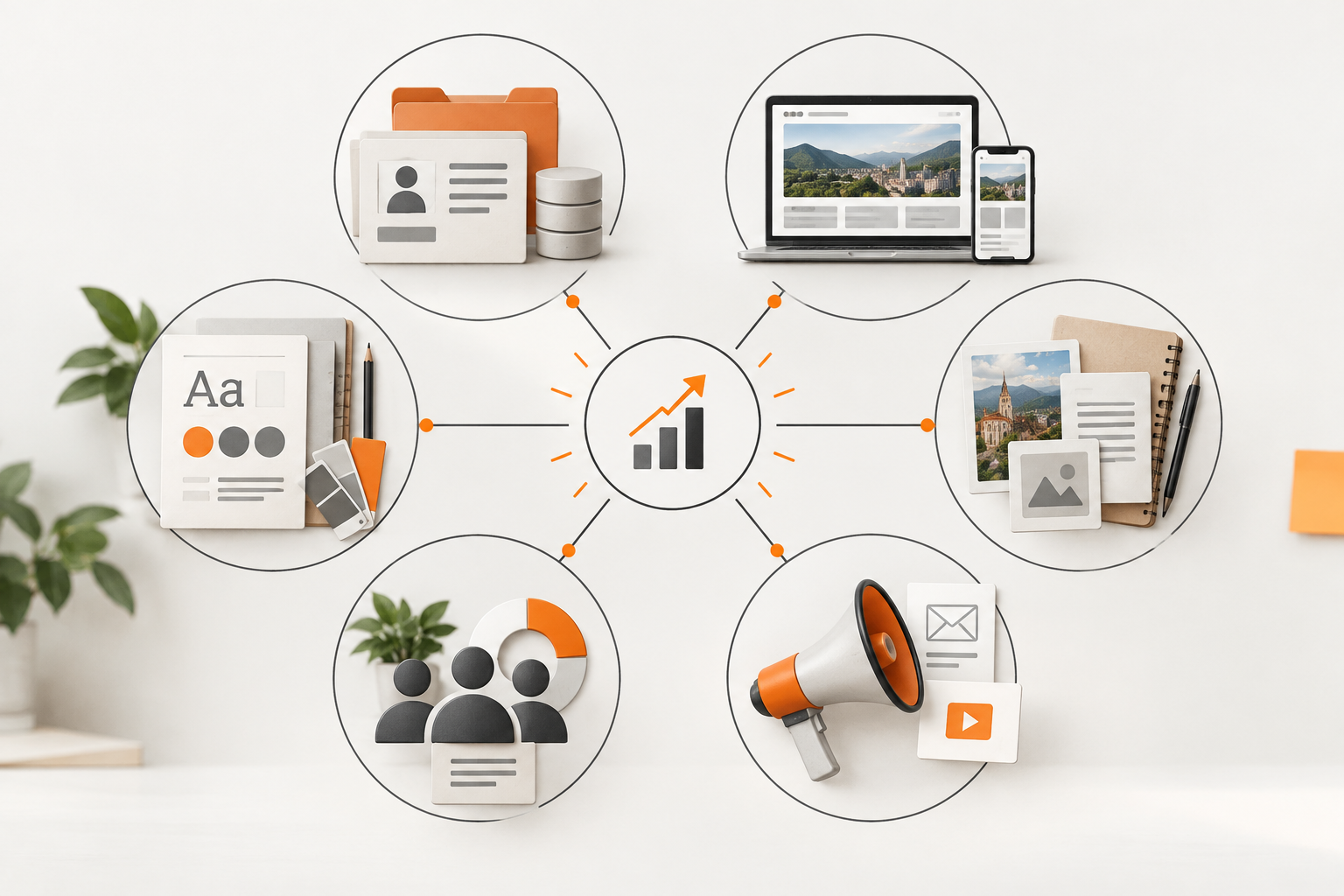 Diagrama de los seis bloques mínimos de datos para agentes de marketing