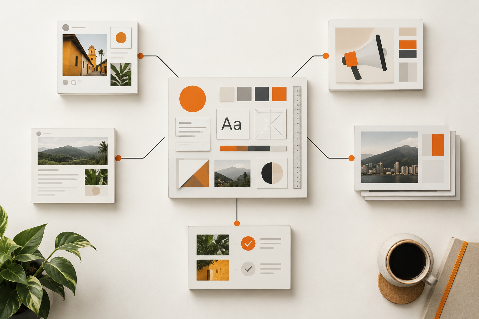 Diagrama de formatos conectados a una guía visual para diseño con agentes de IA