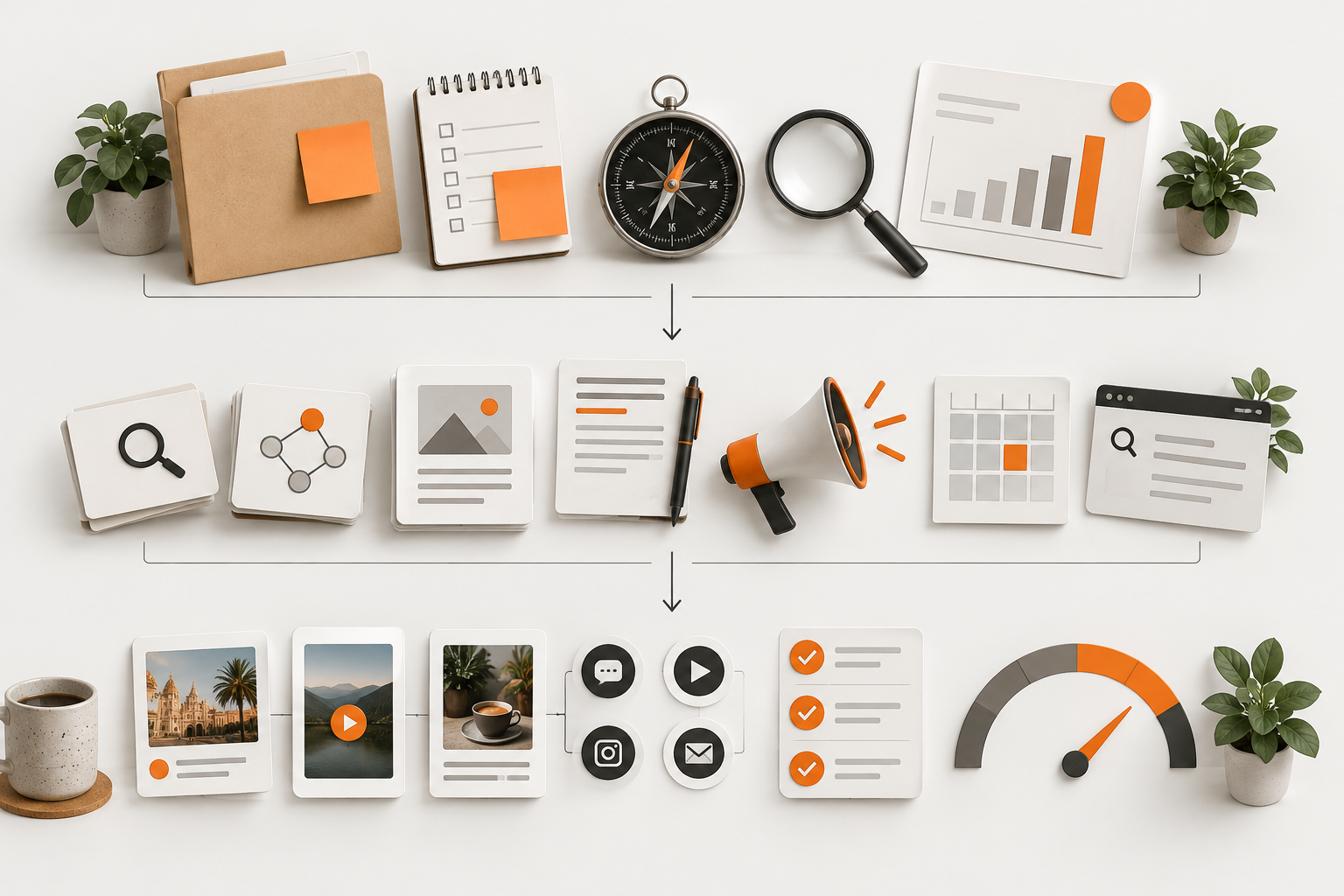 Diagrama de decisiones humanas y tareas de agentes de IA en marketing