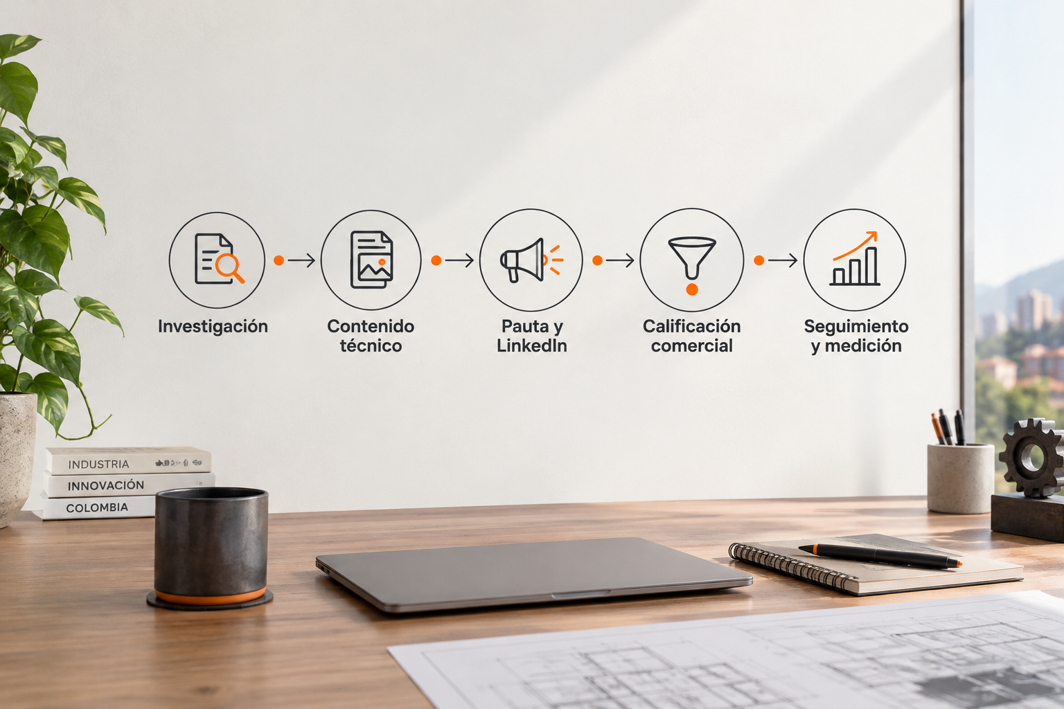 Flujo de agentes de IA para marketing B2B industrial desde investigación hasta seguimiento comercial