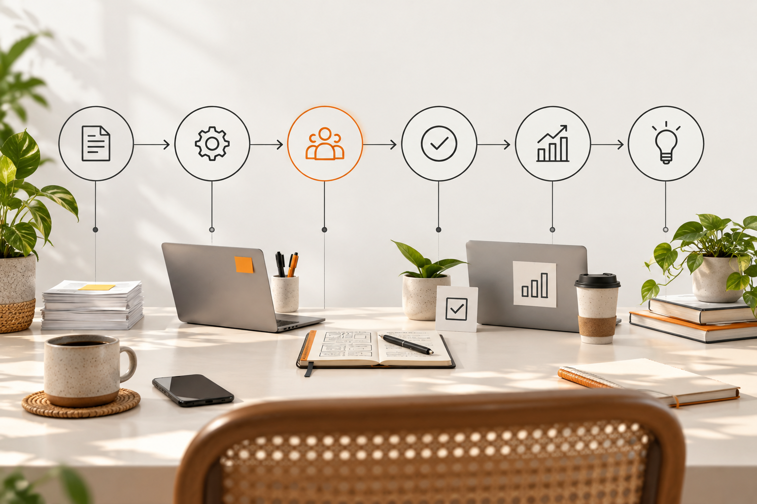 Diagrama simple de actividades, responsables y aprobaciones en un proceso de marketing