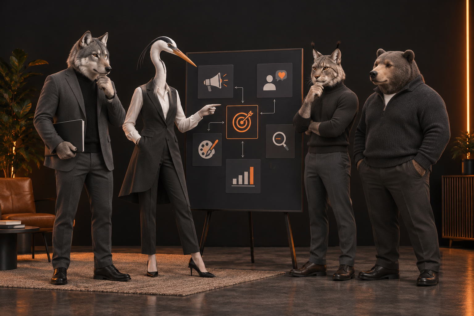 Agentes de IA de estrategia, investigación, SEO y datos revisando riesgos de marketing