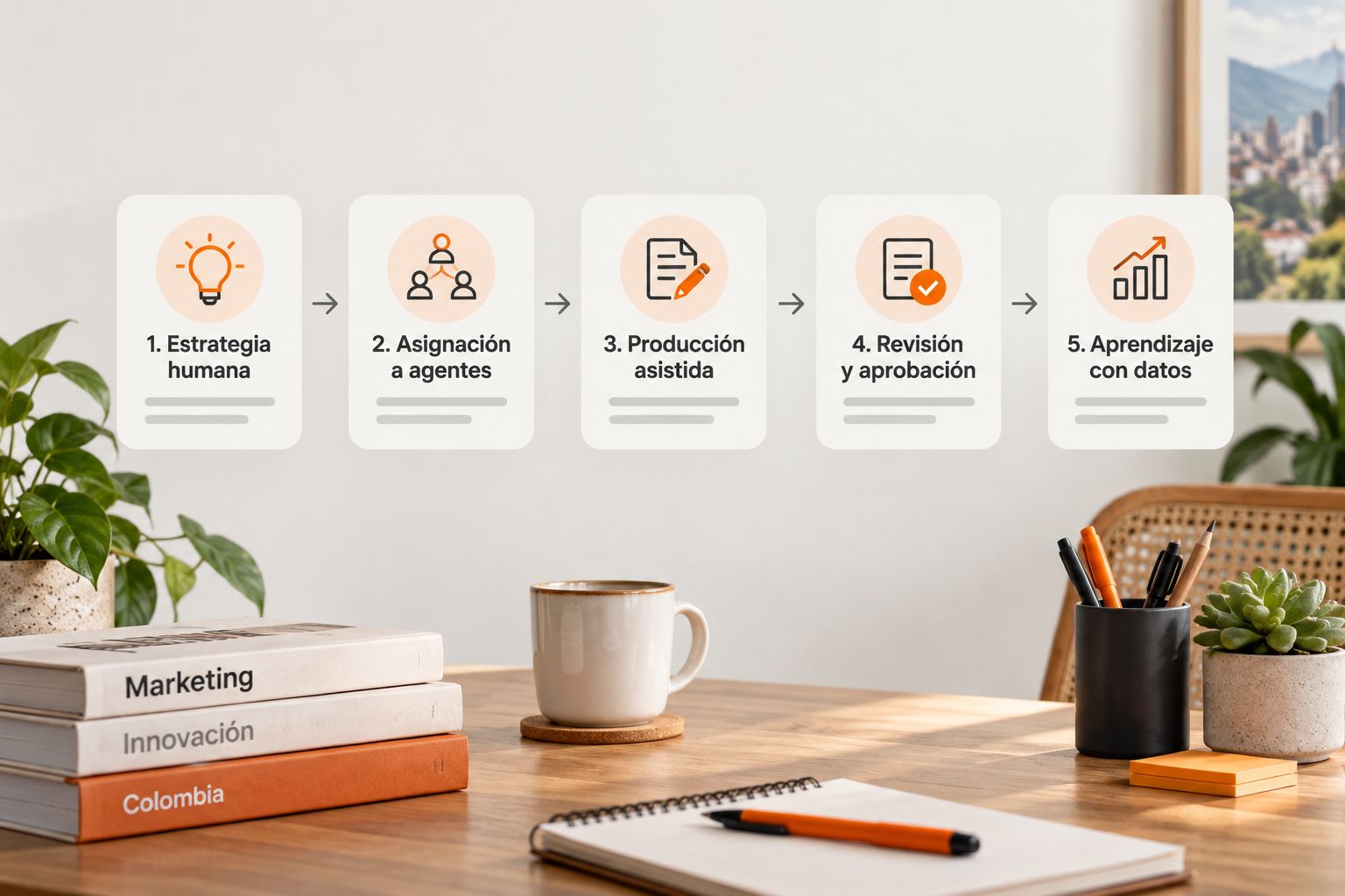 Flujo de roles humanos y agentes de IA en marketing